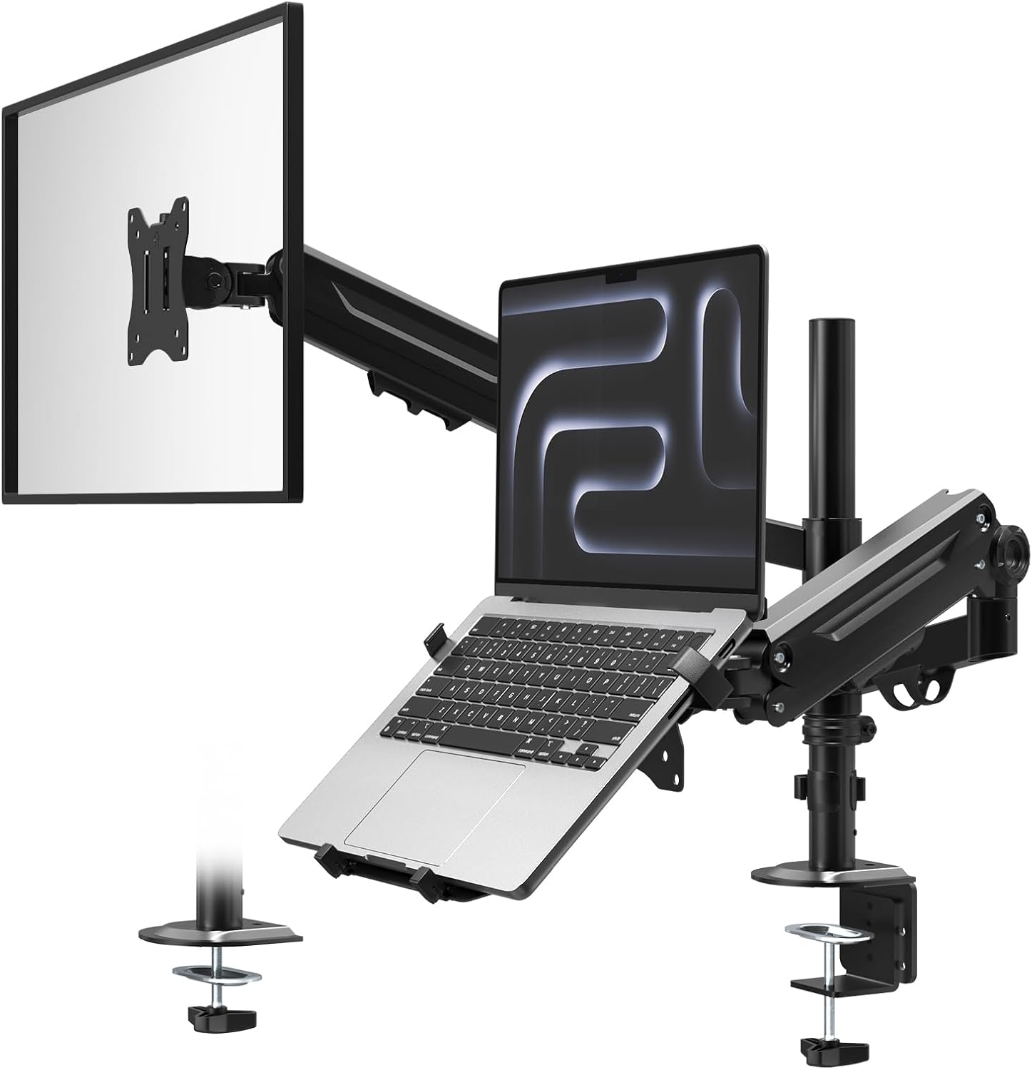Monitorhouder met laptoparm voor 17–35 inch beeldschermen en notebooks tot 18 inch, volledig verstelbare, veerondersteunde laptophouder voor op het bureau, VESA 75 x 75/100 x