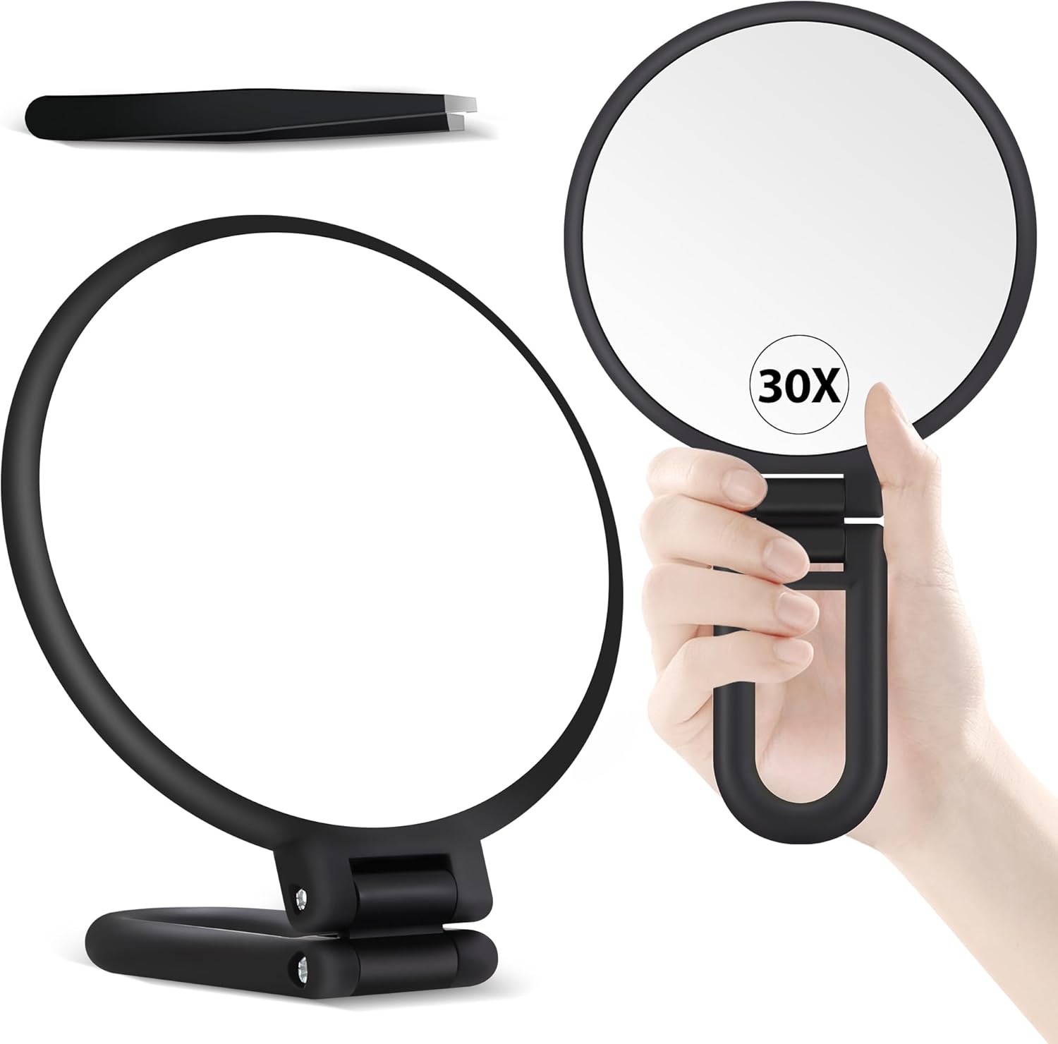 30x vergrotende spiegel met handvat – dubbelzijdige make-upspiegel (1x/30x), opvouwbaar en draagbaar voor nauwkeurig make-up aanbrengen onderweg – matzwart