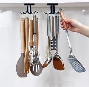 2 stuks 360° draaibare haakrail voor keukengerei, keukengerei-houder met 6 haken, boorvrije keukenhaak, voor keuken/badkamer/garderobe (zwart)