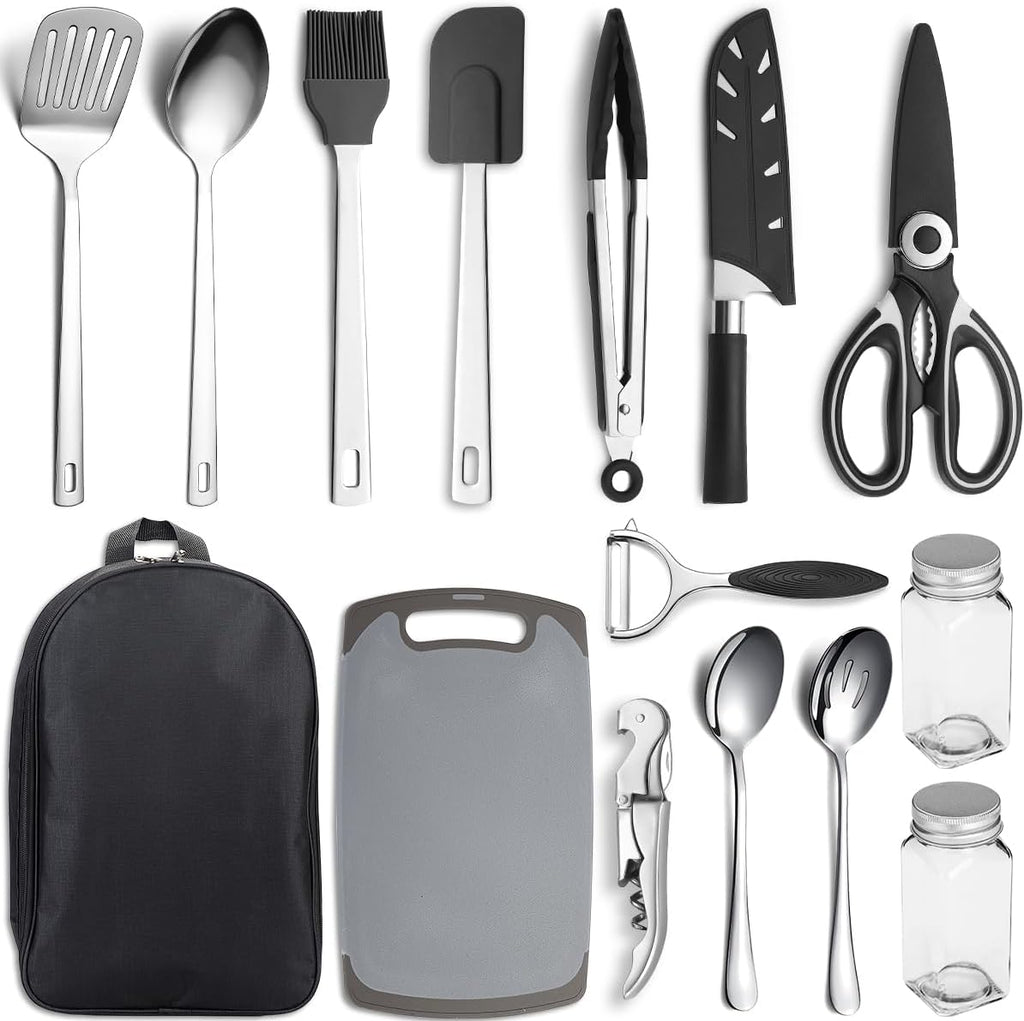 Camping-kookset, 15-delig, roestvrij staal, kampeeruitrusting, ideaal voor trektochten, barbecues, kamperen en wandelingen.