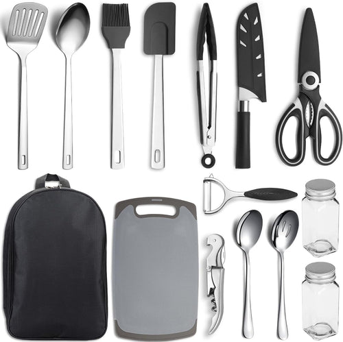 Camping-kookset, 15-delig, roestvrij staal, kampeeruitrusting, ideaal voor trektochten, barbecues, kamperen en wandelingen.