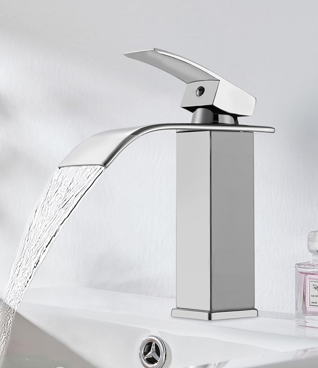 Wastafelkraan, badkamerkraan, kraan voor wastafel, waterval-badkamerkraan in chroom, geschikt voor koud en warm water, met aantrekkelijk design