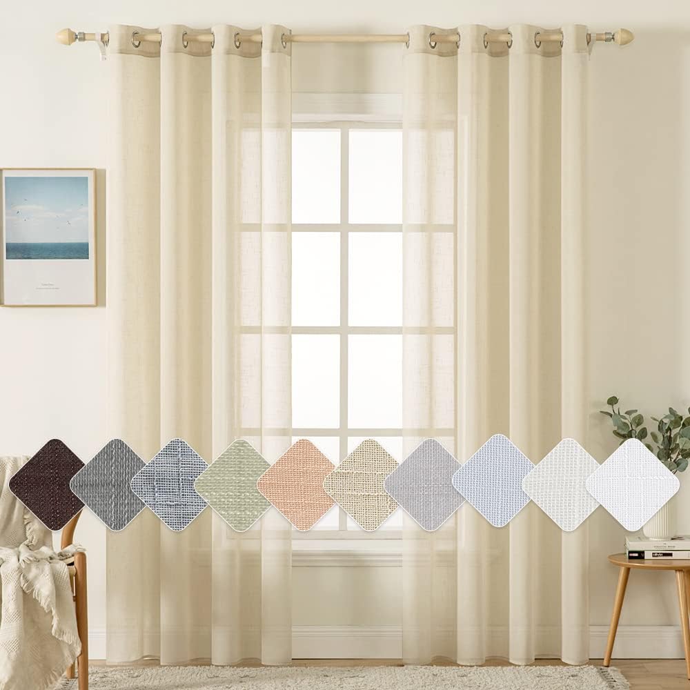 Set van 2 voile gordijnen, transparant linnen gordijn met oogjes, transparant gordijn in linnenlook, gordijn met oogjes, gordijn voor de woonkamer, doorschijnende decoratie