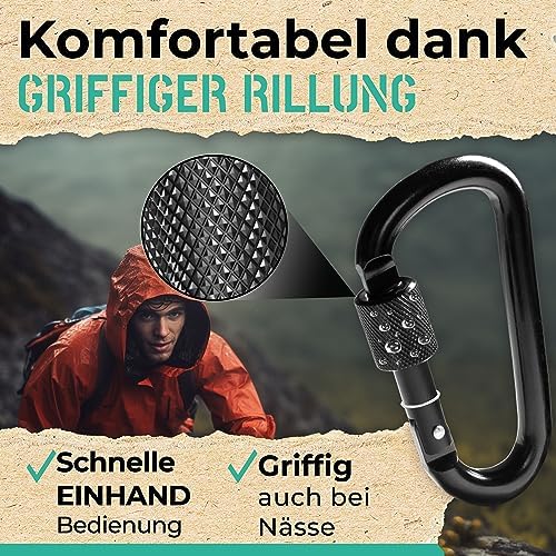 Karabijnhaken, klein pakket van 10 stuks, karabijnhaak-sleutelhanger, karabijnhaak met schroefsluiting + stopper, kleurrijke karabijnhaak-sleutelhangers, 7,5 cm grote karabijnhaak
