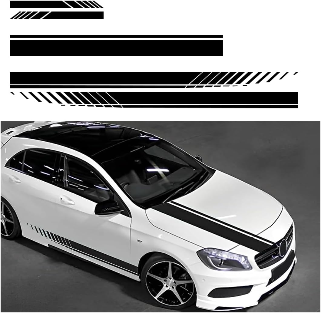 Set van 5 streepstickers voor motorkap, autostickers, zijstrepen, dakspoilerstickers, bumperstickers, carrosserie-aanpassingsdecoraties (zwart)