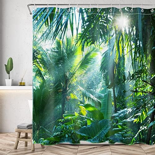 Green Forest douchegordijn, tropische bladeren, palmbomen, bananenbladeren – douchegordijn in jungle-design, extra brede uitvoering, waterdicht, schimmelbestendig, van polyester