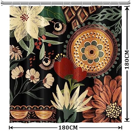 Douchegordijn, 180 x 180 cm, met groene bladeren, boho-bloemen, tropische bloemen, schimmelbestendig, wasbaar, waterdicht, polyester, douchegordijn met 12 haken, voor de badkamer