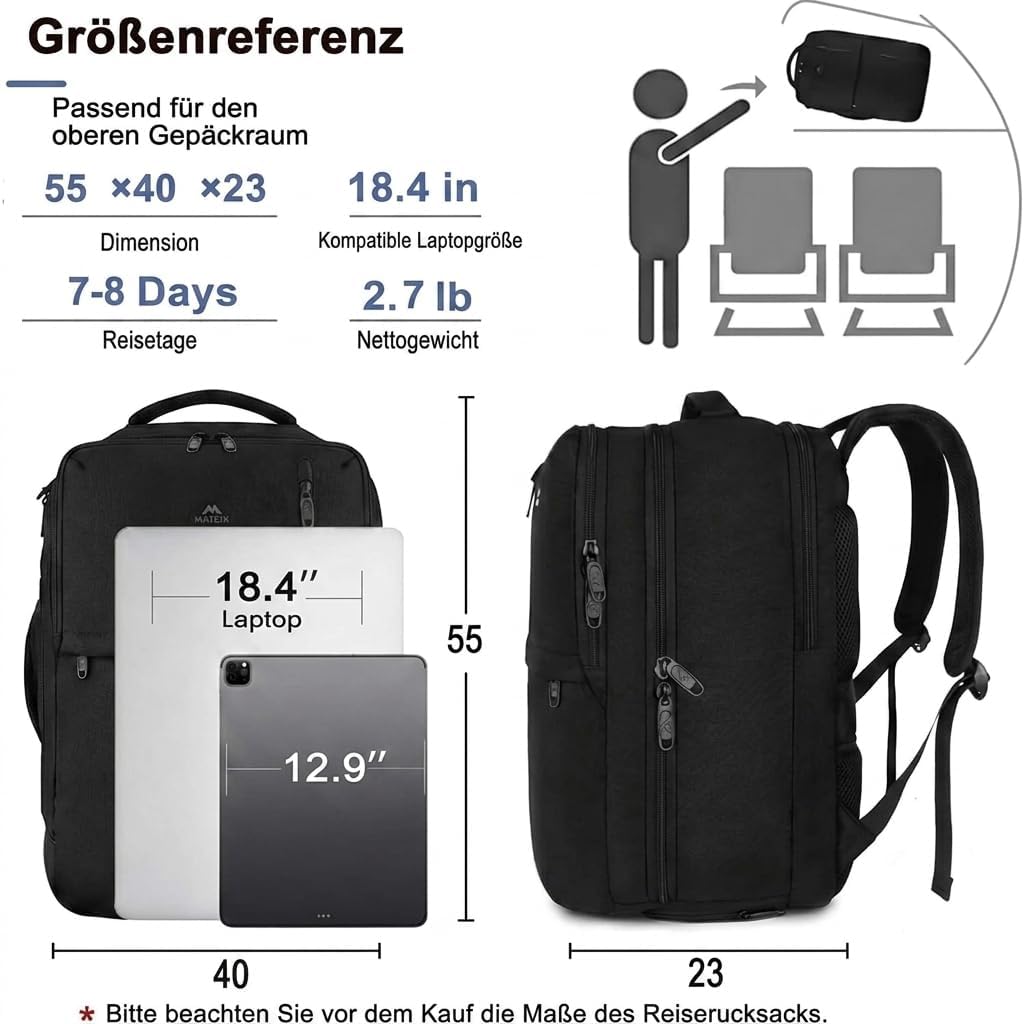 Handbagage Reisrugzak 55x35x20 cm – Laptopvak, Schoenenvak & Anti-diefstal