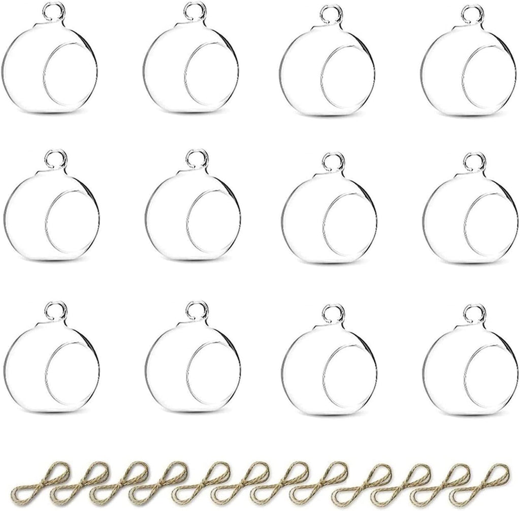 Set van 12 hangende theelichthouders, mini-glazen kaarsenhouders, bollen met een diameter van 6 cm, bolvormig tuinornament, theelichthouders voor Kerstmis, Halloween, bruiloft