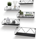 Wandrek-set bestaande uit 5 zwevende planken met klassieke zwarte houten planken en zwart metaal voor keuken, badkamer, woonkamer en kantoor