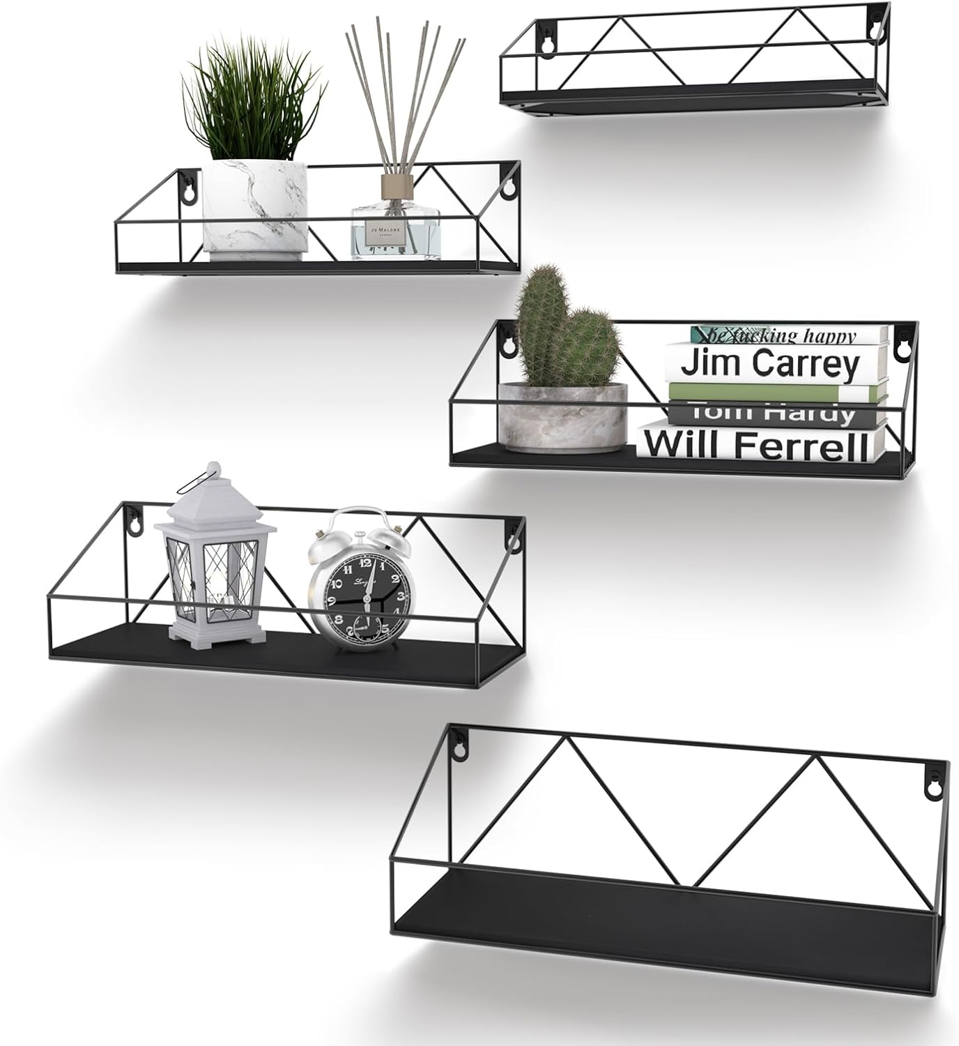 Wandrek-set bestaande uit 5 zwevende planken met klassieke zwarte houten planken en zwart metaal voor keuken, badkamer, woonkamer en kantoor