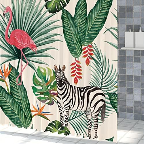 Flamingo-douchegordijn, tropische groene palmbladeren, bananenblad, paardenbadkamergordijn, badkamergordijn met zomers motief, stof, polyester, waterdicht, voor de badkamer