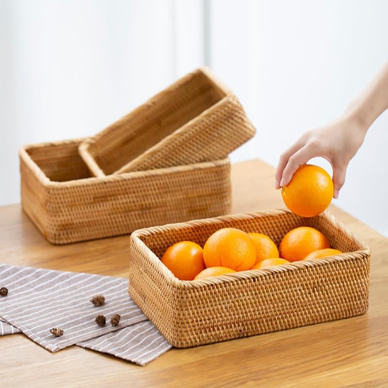 Rieten opbergmand, natuurlijk gevlochten opbergbox, decoratieve gevlochten mand voor keuken, badkamer (rechthoekig, 3 stuks)