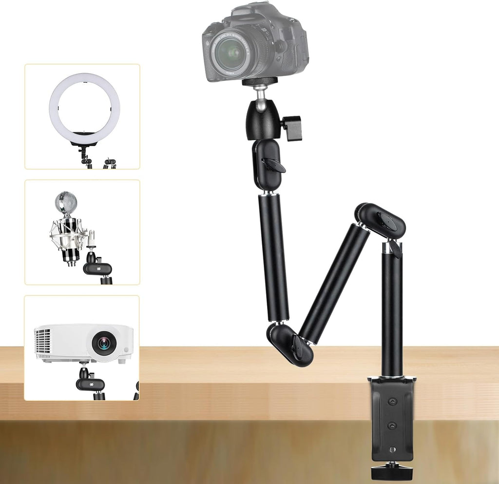 Overhead statief-camera-tafelstatief-klem – Flexibele knikarm voor bevestiging aan een tafel met 3/8-inch schroefdraad en 3/8-inch-naar-1/4-inch schroefadapter voor