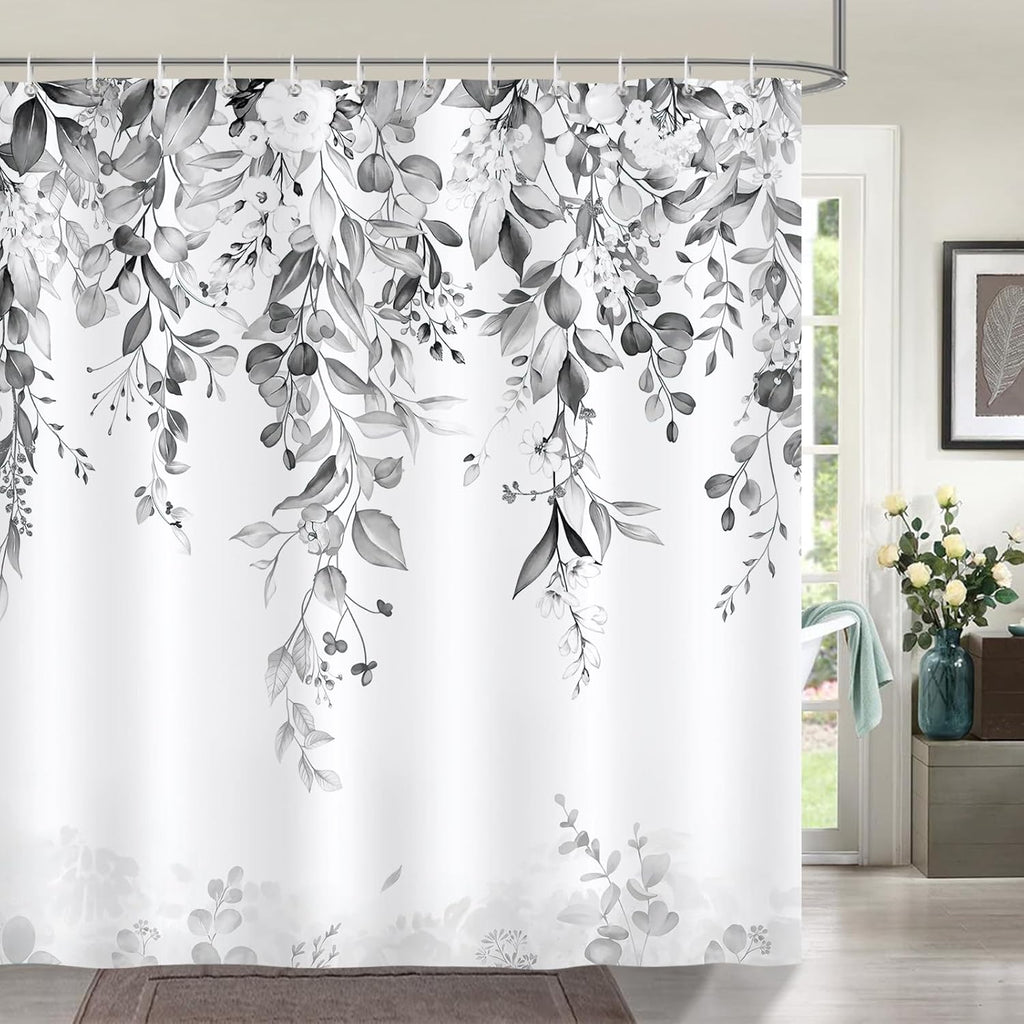 Douchegordijn Eucalyptusbladeren Bloemen Grijs-Zwart Aquarel Planten-douchegordijnen 180 x 180 cm Schimmelbestendig Waterdicht polyesterweefsel Wasbaar
