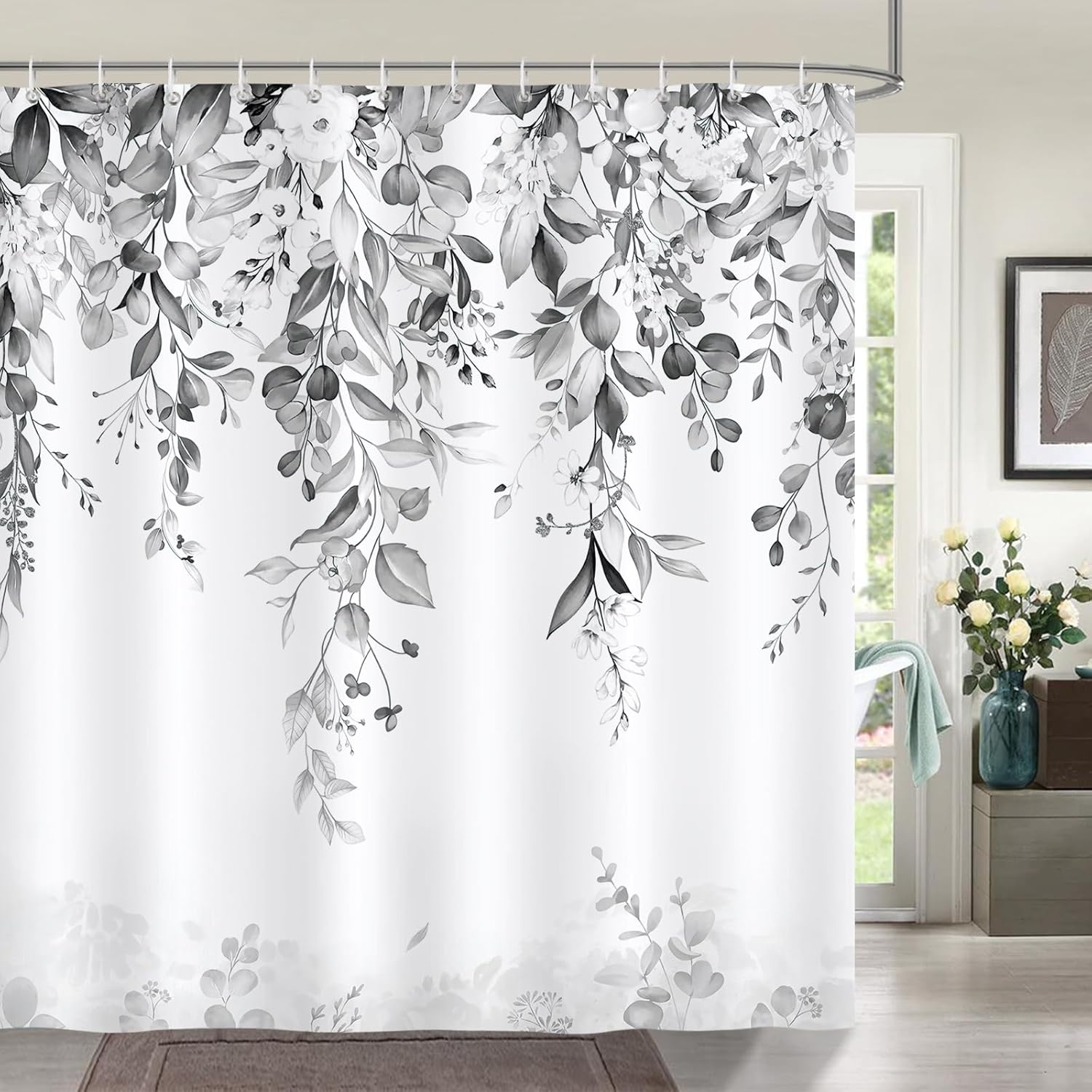 Douchegordijn Eucalyptusbladeren Bloemen Grijs-Zwart Aquarel Planten-douchegordijnen 180 x 180 cm Schimmelbestendig Waterdicht polyesterweefsel Wasbaar
