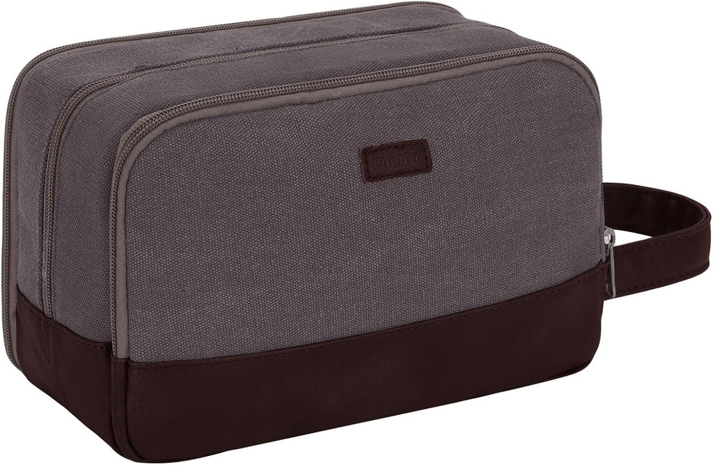 Toilettas voor heren, reistoilettas, dubbele set van canvas, waterafstotende veganistische leren tas voor scheerbenodigdheden en toiletartikelen, taupe