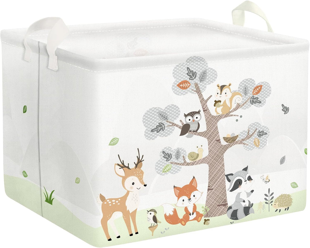 Opbergmand van 36 l met bosdieren (herten, vossen) voor kinderen, met handvat, witte rechthoekige opbergbox voor speelgoed en kleding voor de kinderkamer en badkamer