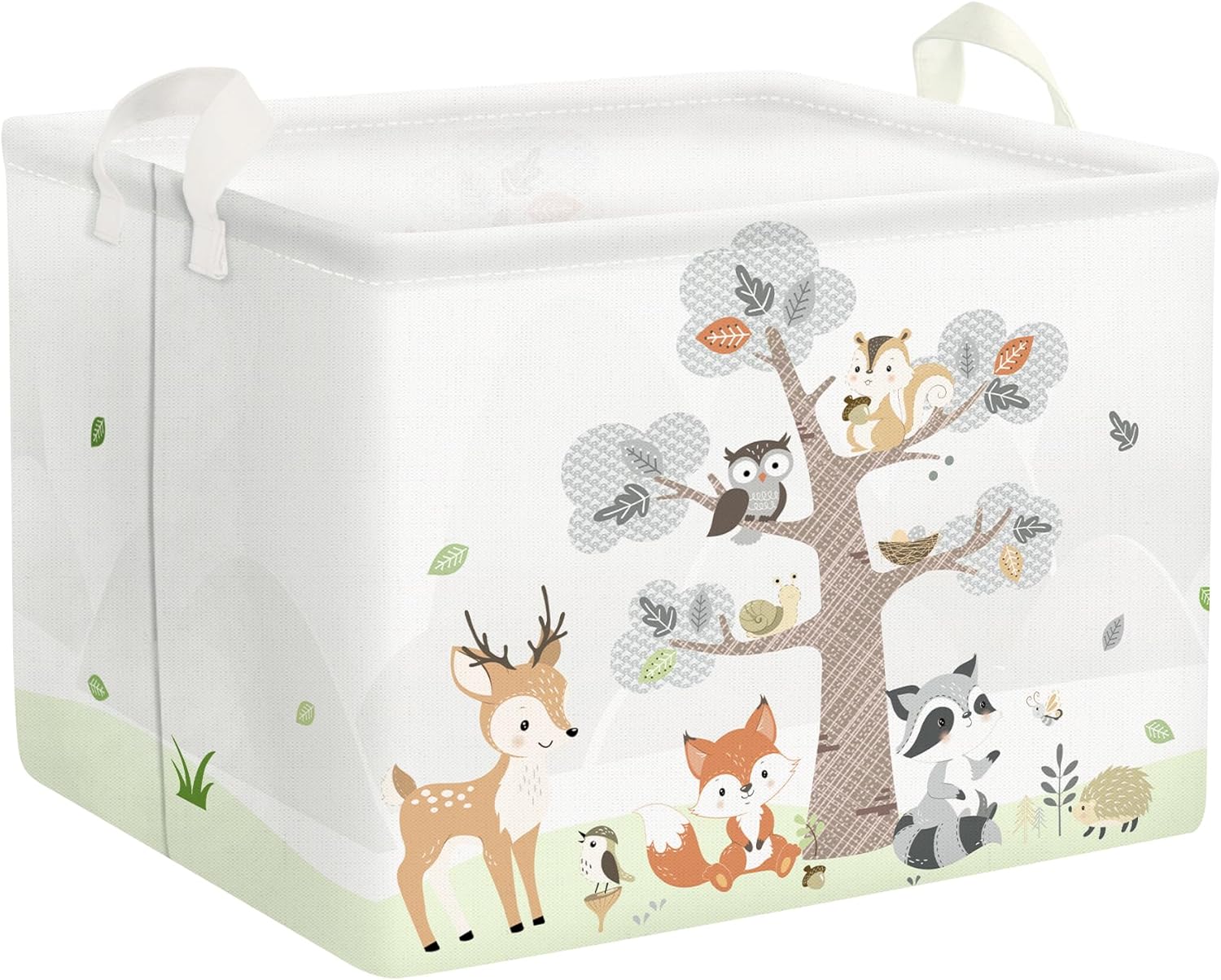 Opbergmand van 36 l met bosdieren (herten, vossen) voor kinderen, met handvat, witte rechthoekige opbergbox voor speelgoed en kleding voor de kinderkamer en badkamer