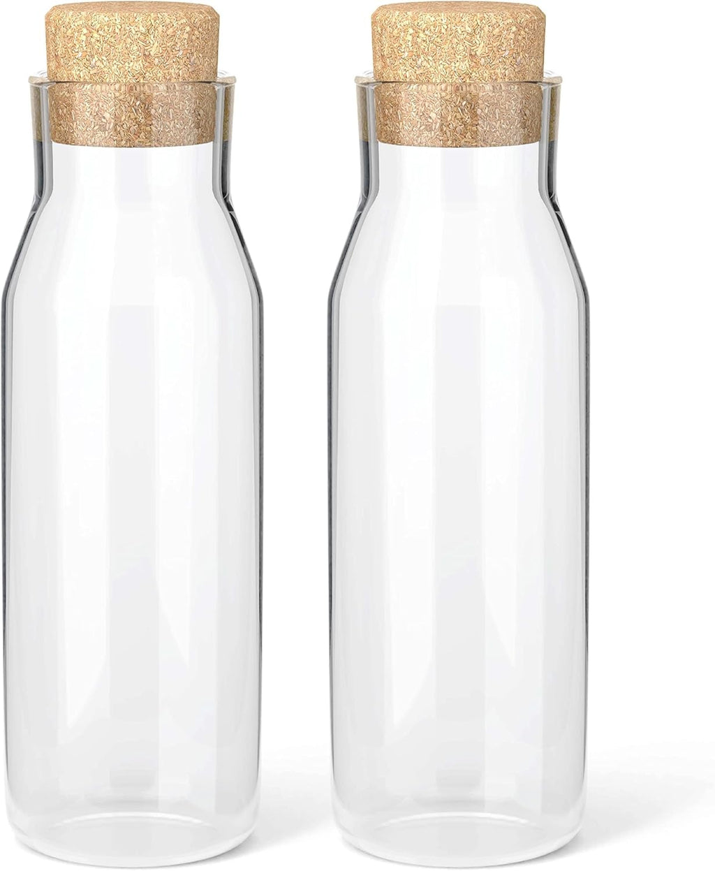 Set van 2 glazen karaffen, 1 liter, heldere glazen fles voor warme en koude dranken, waterkaraffen met kurken deksel, navulbare wasverzachterflessen met S