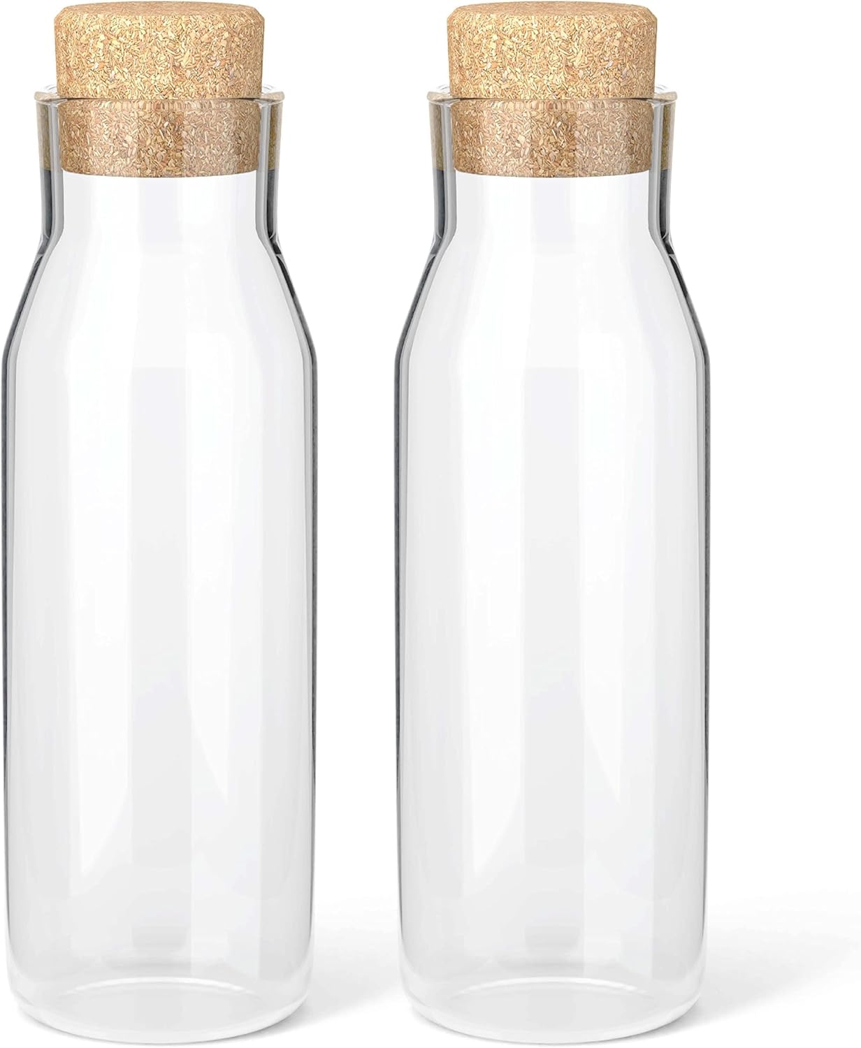 Set van 2 glazen karaffen, 1 liter, heldere glazen fles voor warme en koude dranken, waterkaraffen met kurken deksel, navulbare wasverzachterflessen met S