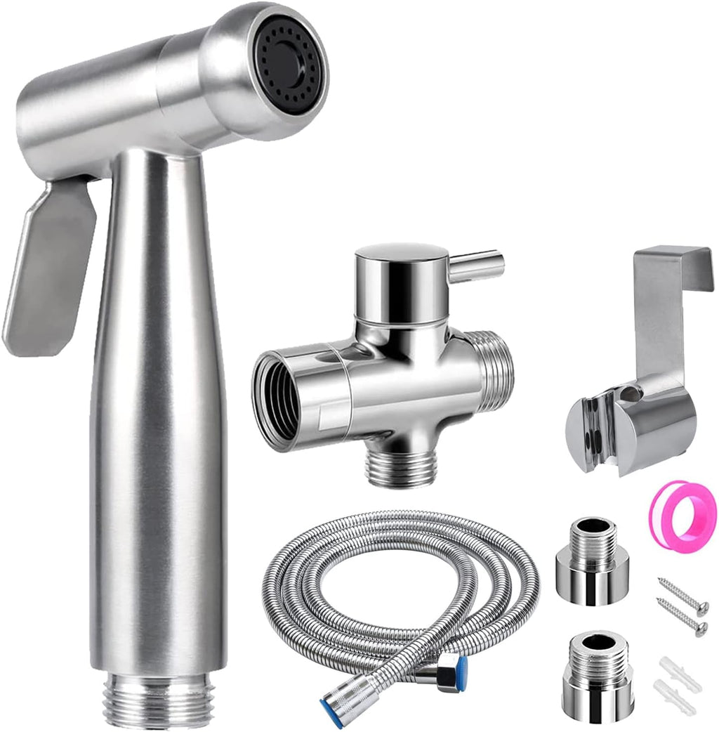 Bidet-handdoucheset, hoogwaardig geborsteld roestvrij staal, 1,5 m slang, G1/2-inch kraan, G3/8-inch toiletadapter, handdouche met bidet-sproeikop,