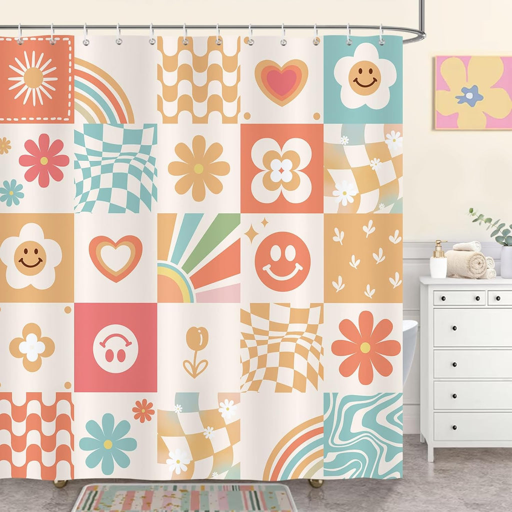 Retro douchegordijn, schattige bloemen, abstract ruitpatroon, oranje douchegordijnen, 180 x 180 cm, schimmelbestendig, waterdicht polyesterweefsel, wasbaar badkamergordijn