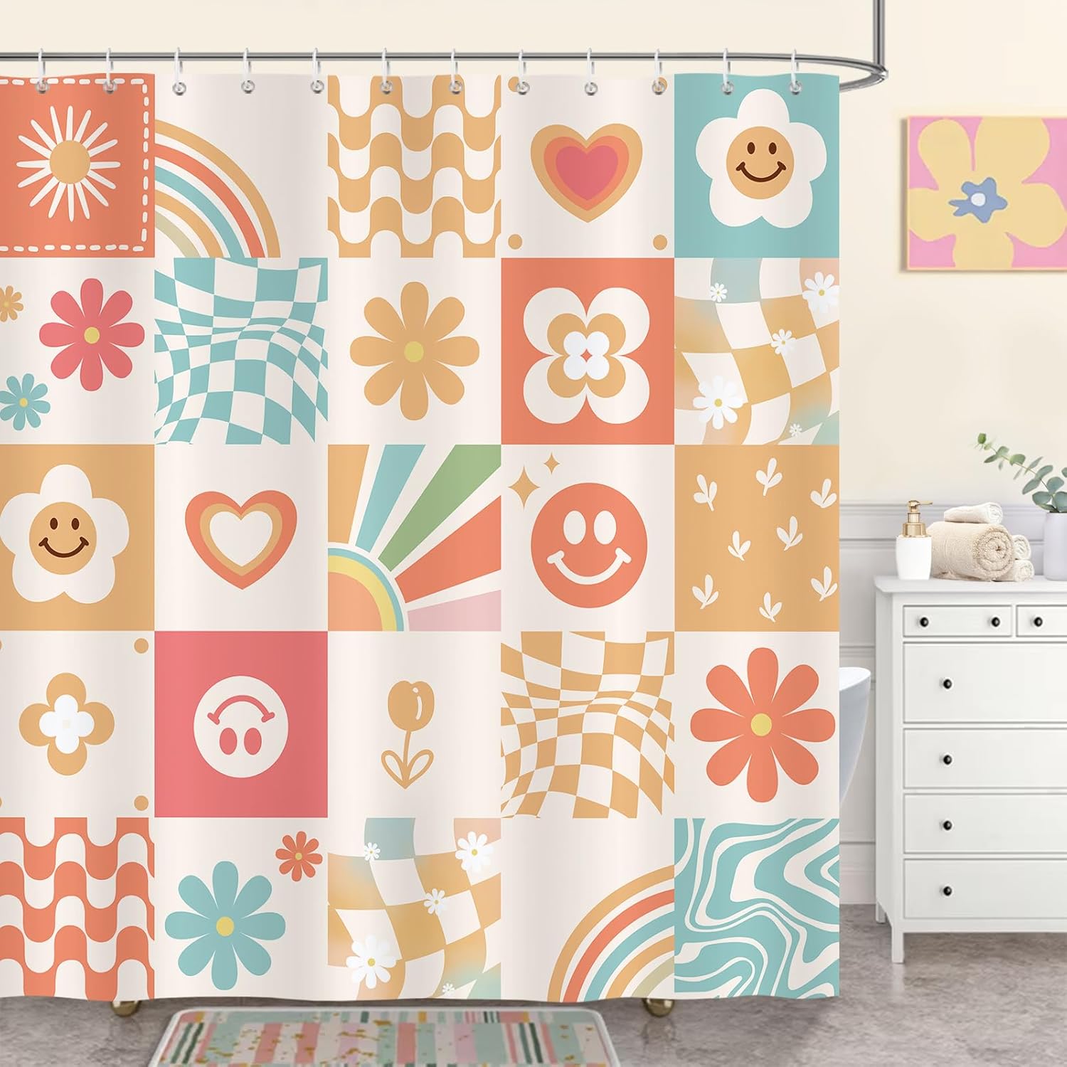 Retro douchegordijn, schattige bloemen, abstract ruitpatroon, oranje douchegordijnen, 180 x 180 cm, schimmelbestendig, waterdicht polyesterweefsel, wasbaar badkamergordijn