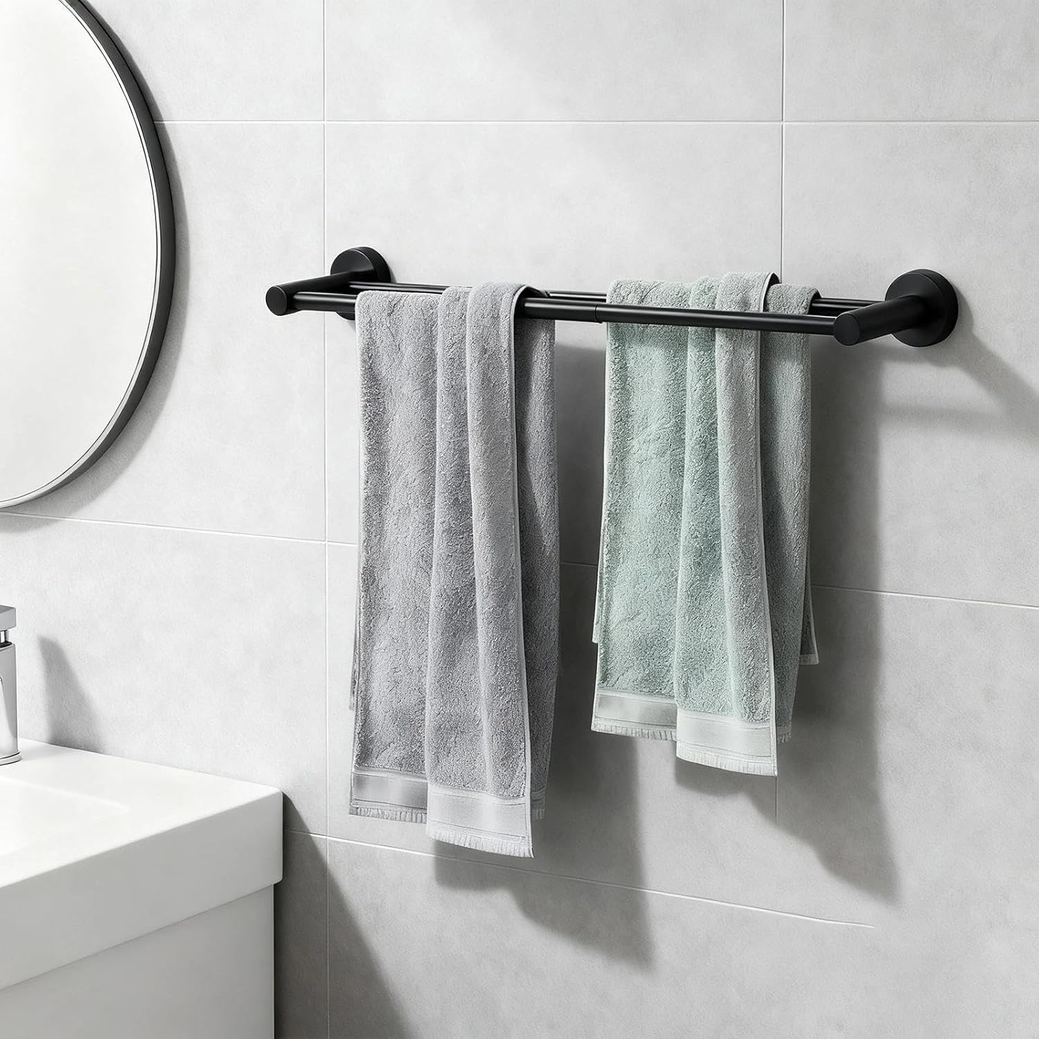 Uitschuifbare handdoekhouder, 43–72 cm, roestvrij staal 304, dubbele stangen, zwart, voor badkamer/keuken/hotel