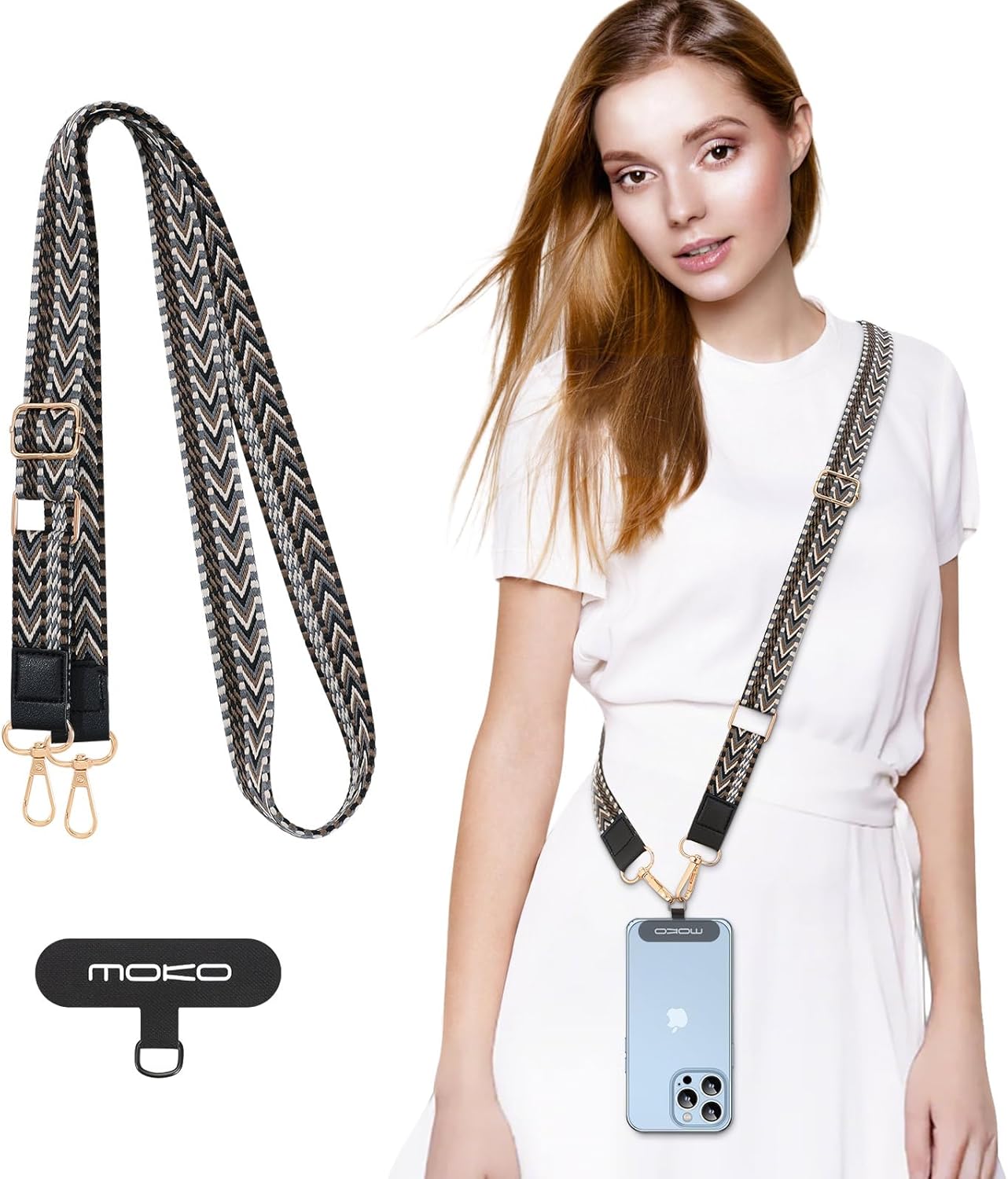 Universele mobiele telefoonband, verstelbare nylon draagriem voor mobiele telefoons, afneembare mobiele telefoonbanden voor dames en heren, met patches voor iPhone,