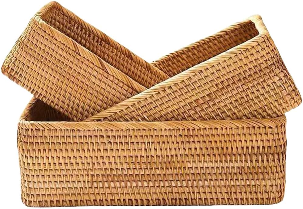 Rieten opbergmand, natuurlijk gevlochten opbergbox, decoratieve gevlochten mand voor keuken, badkamer (rechthoekig, 3 stuks)