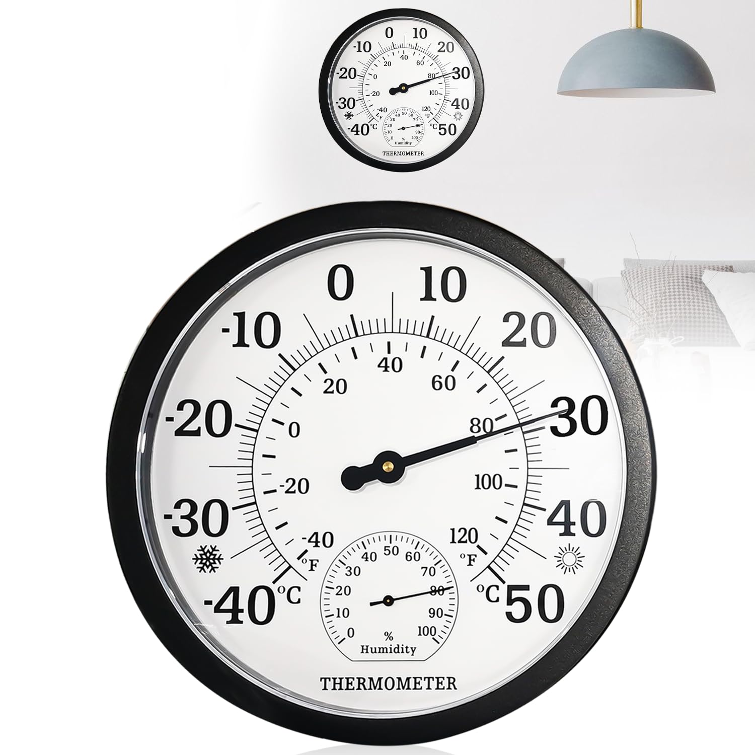 Grote binnen- en buitenthermometer: 2-in-1-barometer, analoog, 10-inch buitenthermometer met vochtigheidsmeter, goed afleesbare thermometer voor binnen en buiten