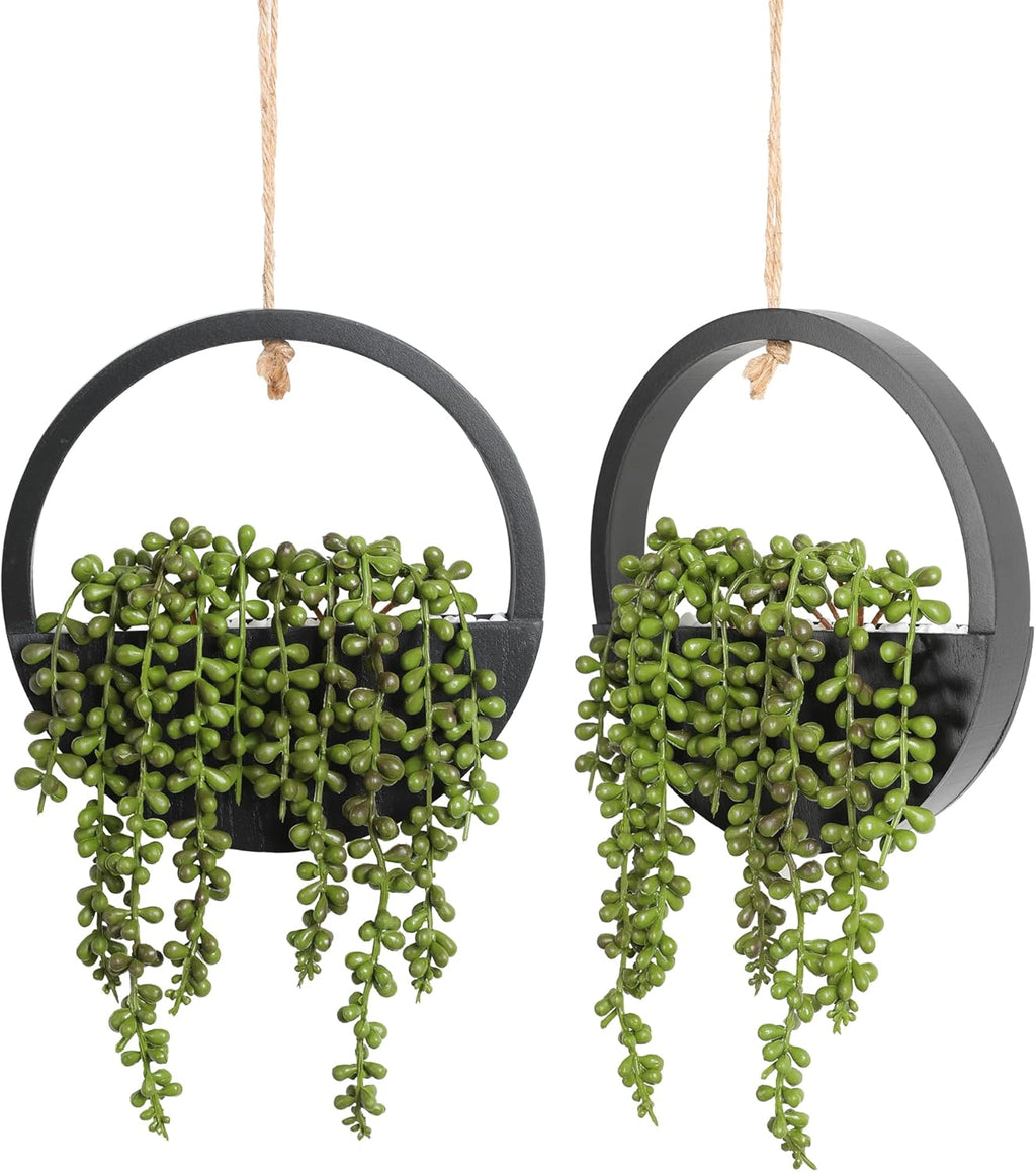 Kunstplanten om op te hangen, 31,8 cm, kunstparelketting in pot met 21,6 cm ophangkoord voor binnen en buiten, wanddecoratie, 2 stuks (zwart)