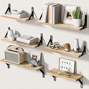 6 stuks wandplanken van hout en metaal, wandplanken voor opslag, planken voor aan de muur, maximale belasting 40 lbs, voor woonkamer, slaapkamer, kantoor