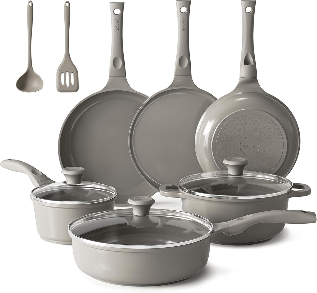 Pannenset, keramische pannenset, inductie, kookgerei, 11-delig, inductiepannenset met glazen deksel, PTFE-vrij, PFAS-vrij, geschikt voor alle soorten fornuizen