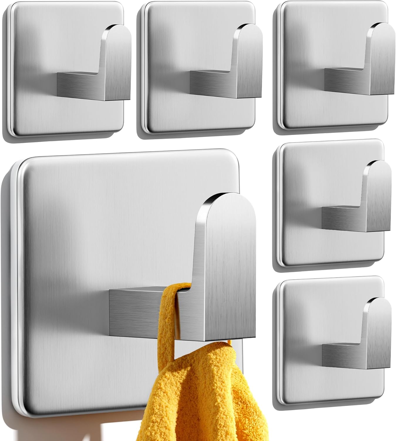 Handdoekhaken zonder boren, set van 6, handdoekhouders van roestvrij staal, zelfklevend, bijzonder hoge draagkracht, functionele, sterk hechtende haken