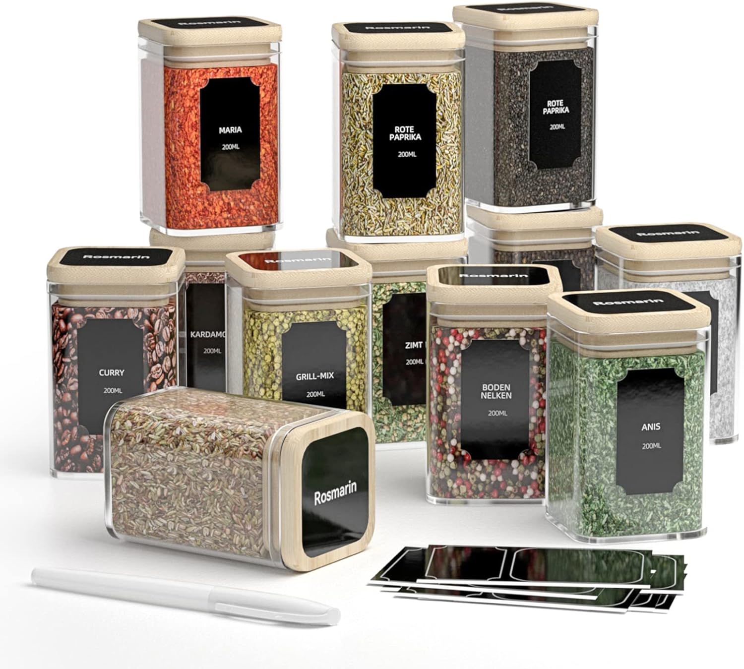 Set vierkante kruidenpotjes – 12 x 200 ml, hoogwaardige glazen kruidenpotjes, glazen potjes met bamboedeksel, luchtdichte voorraadpotjes, glazenset met etiketten en