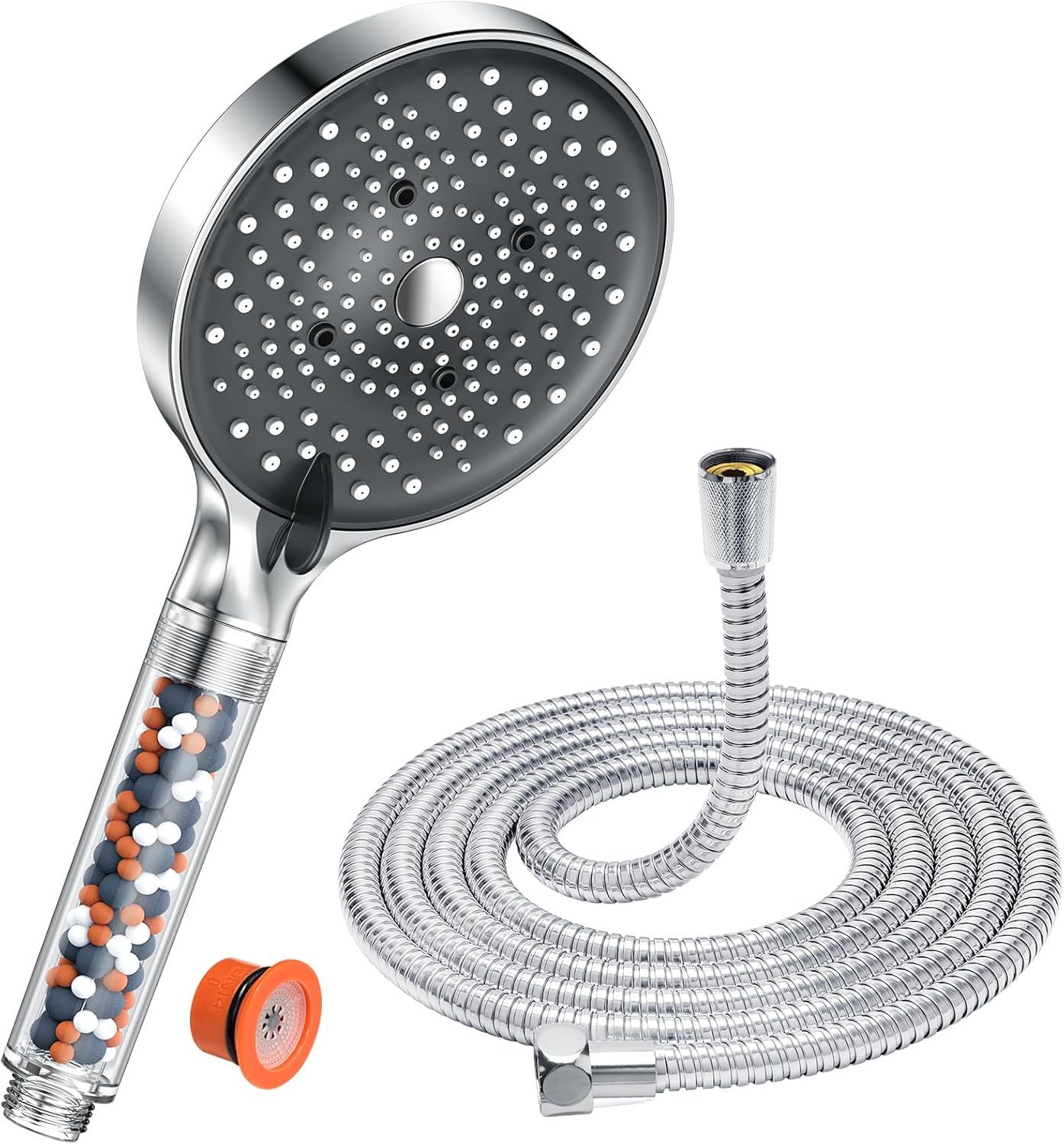 Douchekop met slang, 1,6 m, waterbesparende douchekop met filter, douchekop met 6 straalsoorten, spaardouchekop 7,5 l/min, groot (diameter 130 mm), ch