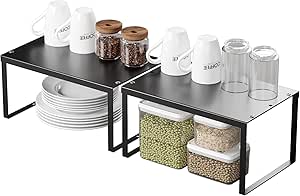 Keukenkast-organizer, set van 2, opbergrek voor in de kast, organizer, metaal, uitbreidbare kruidenhouder, stapelbare opbergrekken