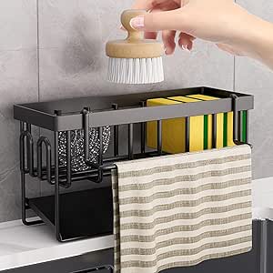 Keukengootsteenorganizer sponshouder – Keukengootsteenorganizer met afneembare theedoekhouder, metalen gootsteenorganizer met automatische afdruipbak