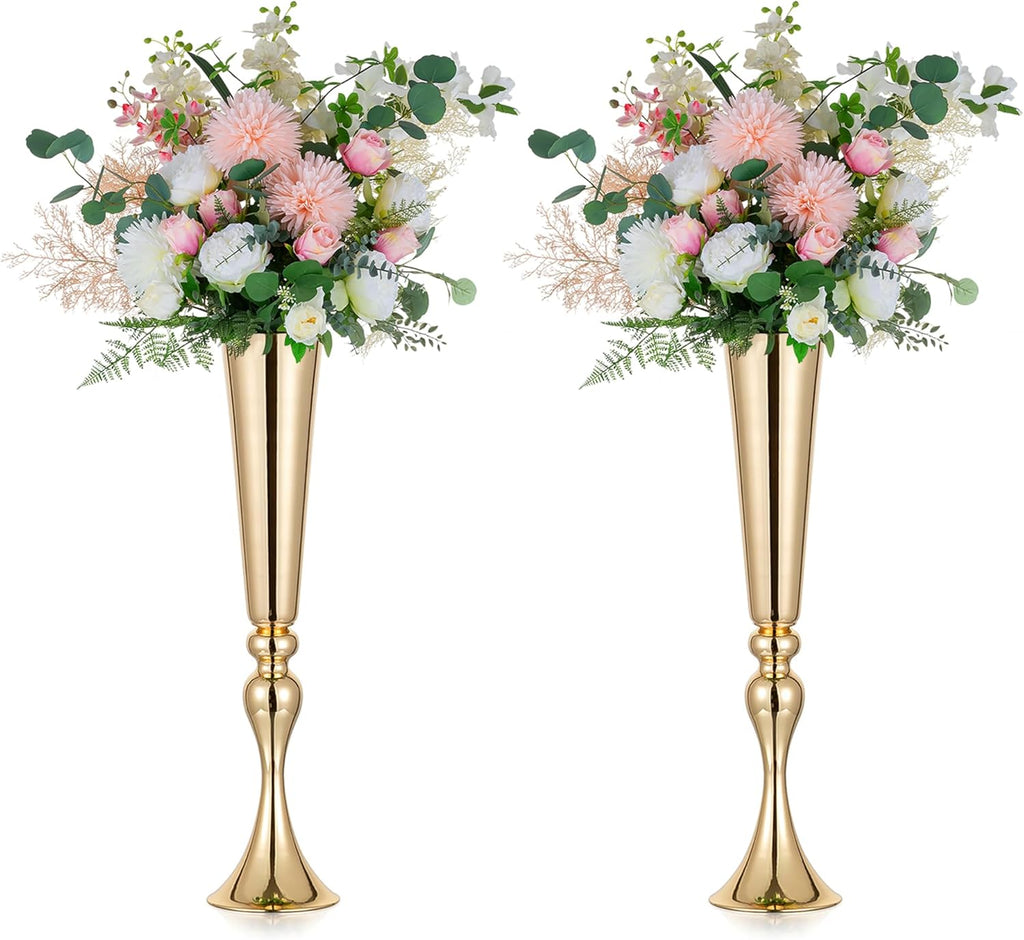Metalen bloemenstandaard, goud, bruiloft: 2 stuks, 55,5 cm hoge trompetvaas, bloemenvaas, gouden bloemstukstandaard voor verjaardagsfeest-tafeldecoratie