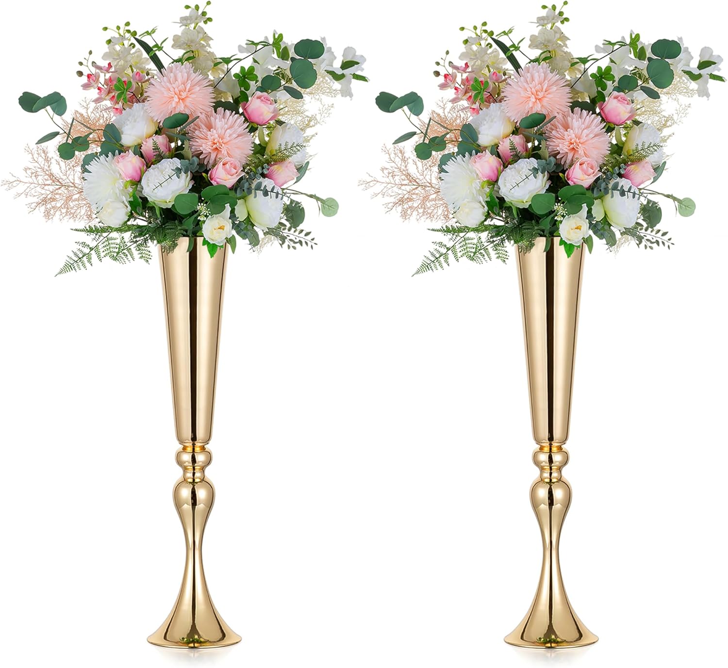 Metalen bloemenstandaard, goud, bruiloft: 2 stuks, 55,5 cm hoge trompetvaas, bloemenvaas, gouden bloemstukstandaard voor verjaardagsfeest-tafeldecoratie