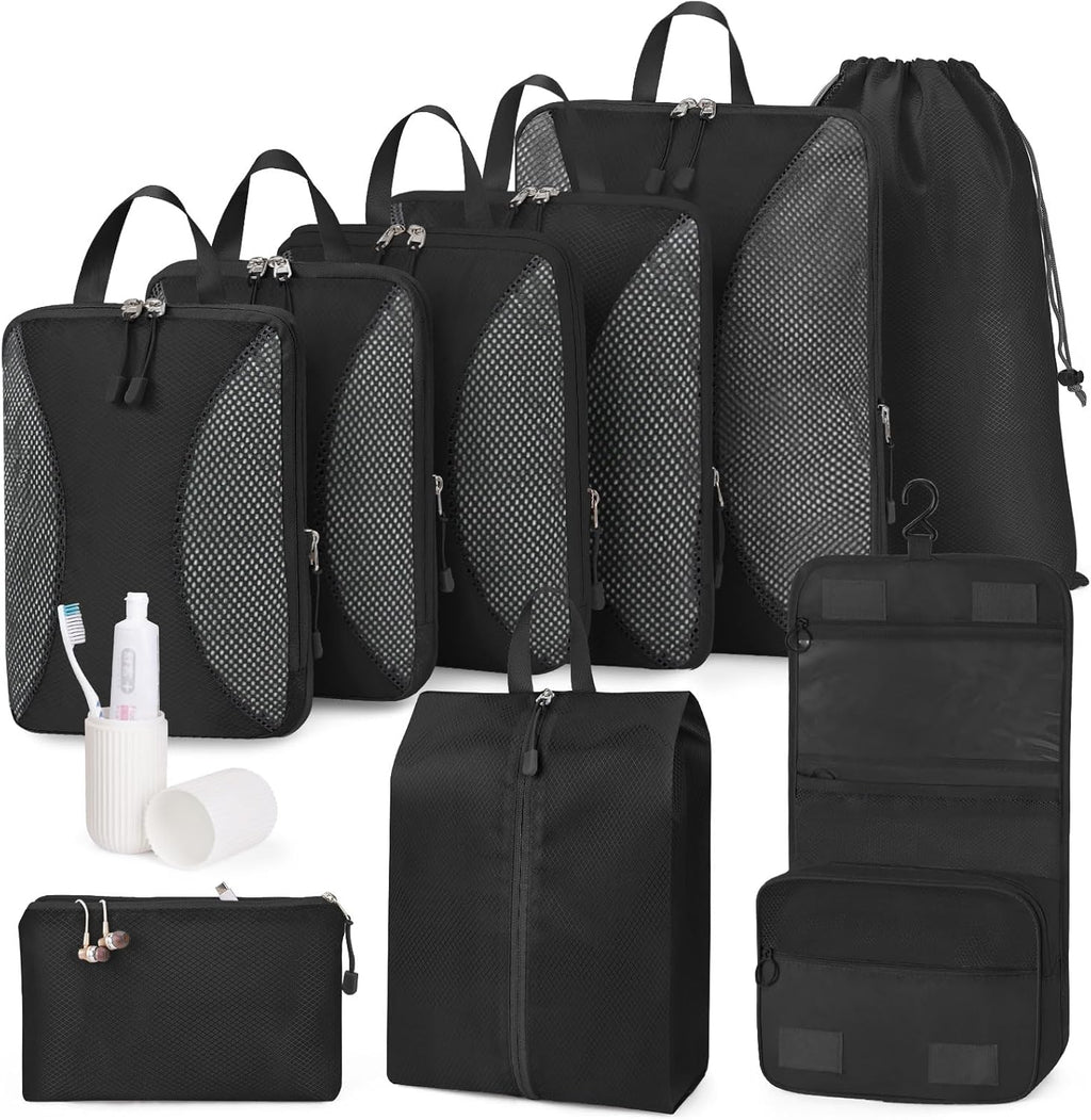 Packing Cubes met compressiefunctie – 10-delige kofferorganizer-set met compressiefunctie, samendrukbare Packing Cubes voor organisatie, Packing Cubes voor koffers