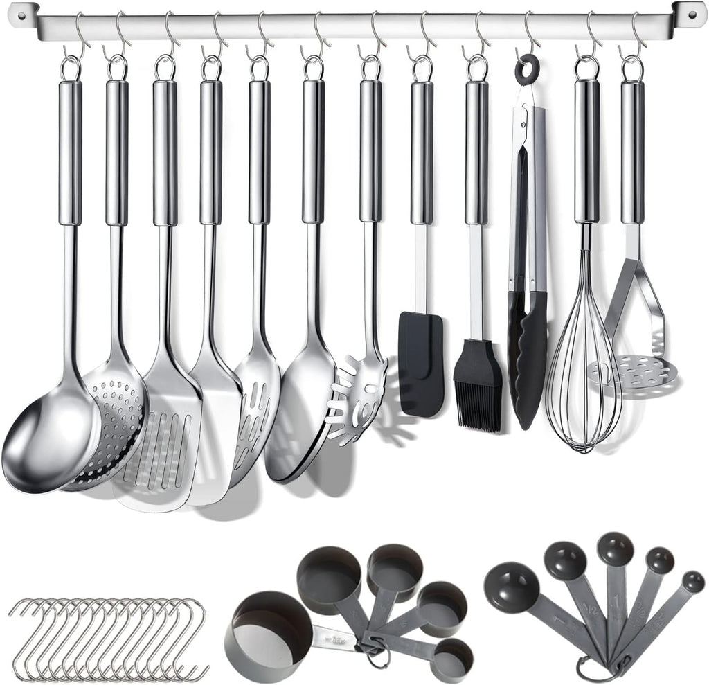 Keukengerei-set, 38-delig, roestvrijstalen pannenset, keukengerei met opbergrek en ophanghaak, vaatwasmachinebestendig