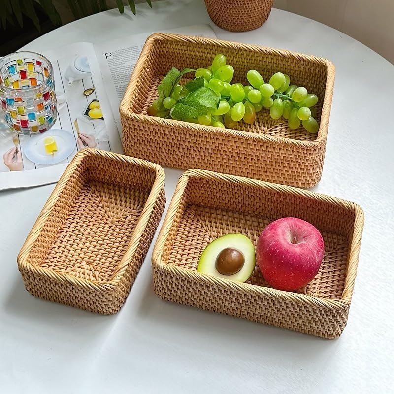 Rieten opbergmand, natuurlijk gevlochten opbergbox, decoratieve gevlochten mand voor keuken, badkamer (rechthoekig, 3 stuks)