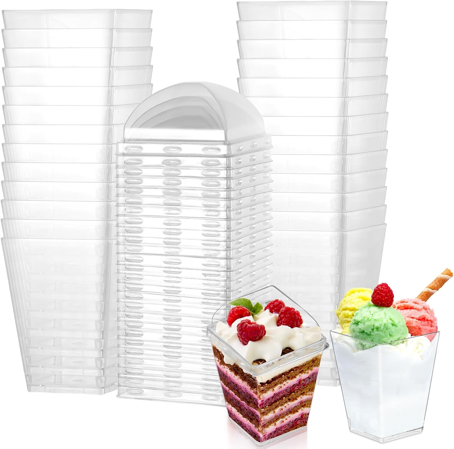 50 stuks herbruikbare dessertglazen met deksel, 160 ml dessertschaaltjes, vierkante dessertbekers met deksel, dessertbekers voor pudding, mousse-party