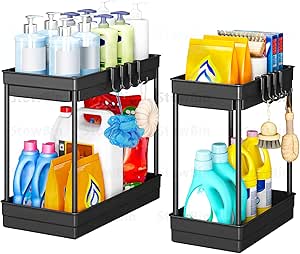 Keukenorganizer – set van 2 rekken voor onder de gootsteen met 4 haken & 1 kopjeshouder, keukenorganizer, badkamerorganizer