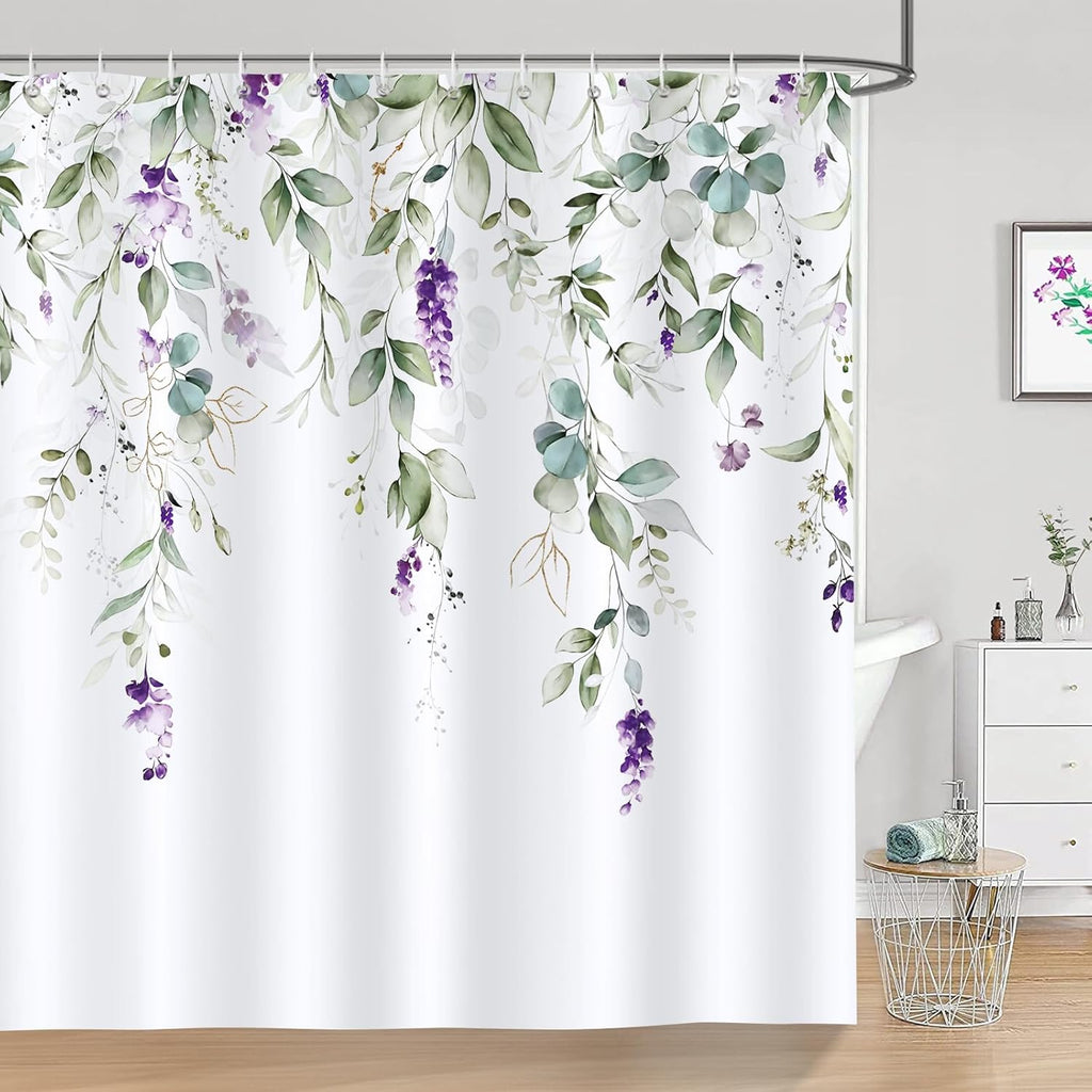 Douchegordijn, groen, eucalyptusbladeren, paarse bloemen, douchegordijnen, 180 x 180 cm, schimmelbestendige, waterdichte polyesterstof, wasbaar badkamergordijn voor