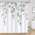 Douchegordijn, groen, eucalyptusbladeren, paarse bloemen, douchegordijnen, 180 x 180 cm, schimmelbestendige, waterdichte polyesterstof, wasbaar badkamergordijn voor