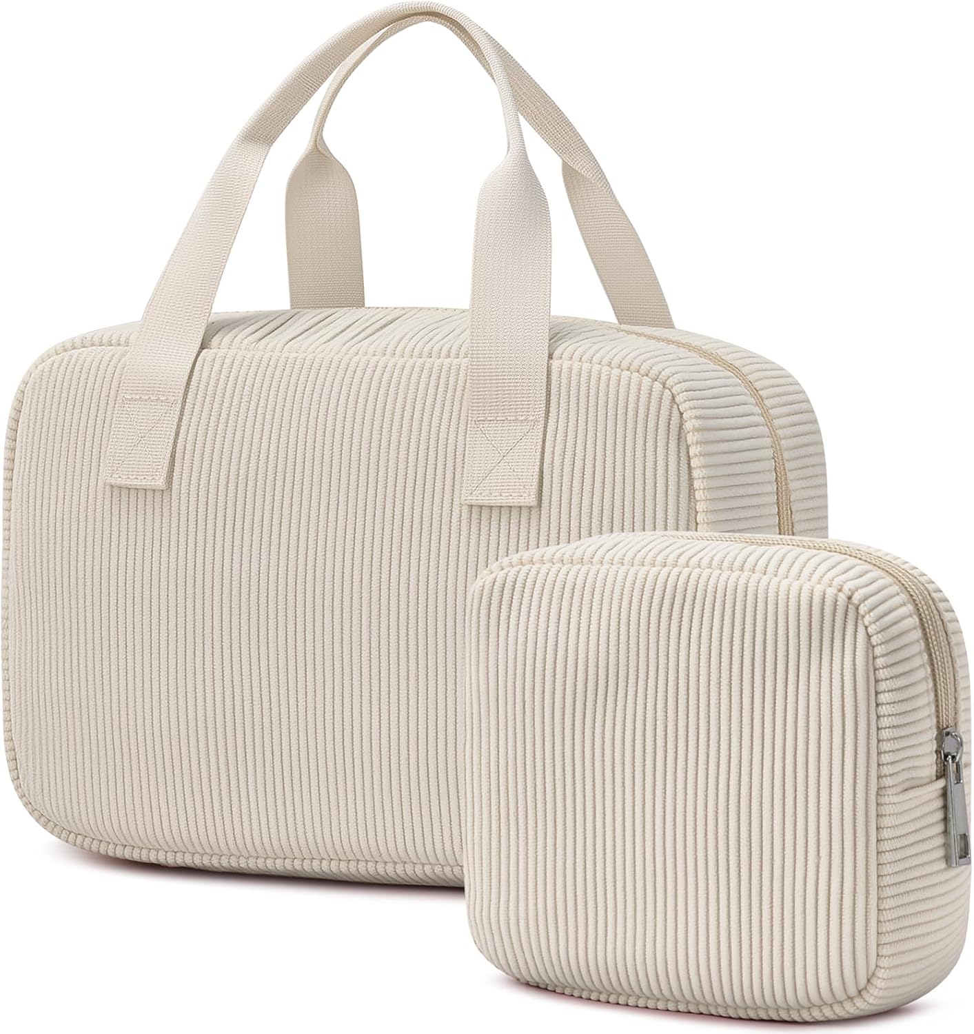 Make-uptasje voor dames, toilettas van corduroy, groot make-uptasje met vakken, make-uptasje, toilettas, tas, organizer, beige, Utility